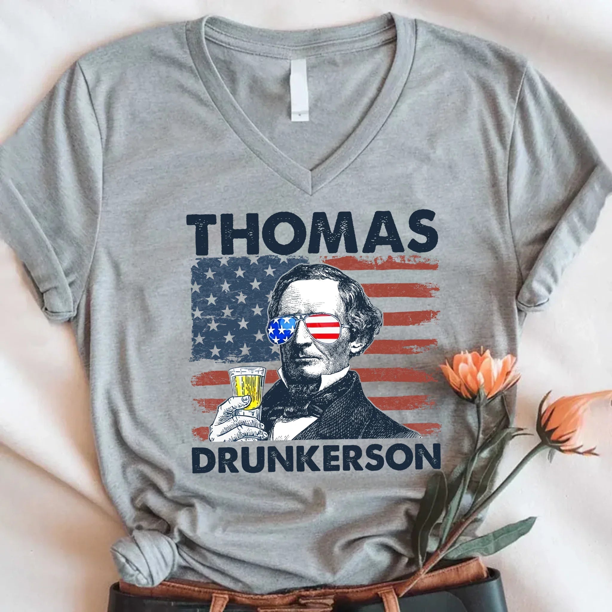 Thomas Drunkerson 4th of July Unisex V-Neck Shirt – Jefferson-Inspired Boozy Tee