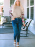 Textured Knit Top with Plaid Sleeves