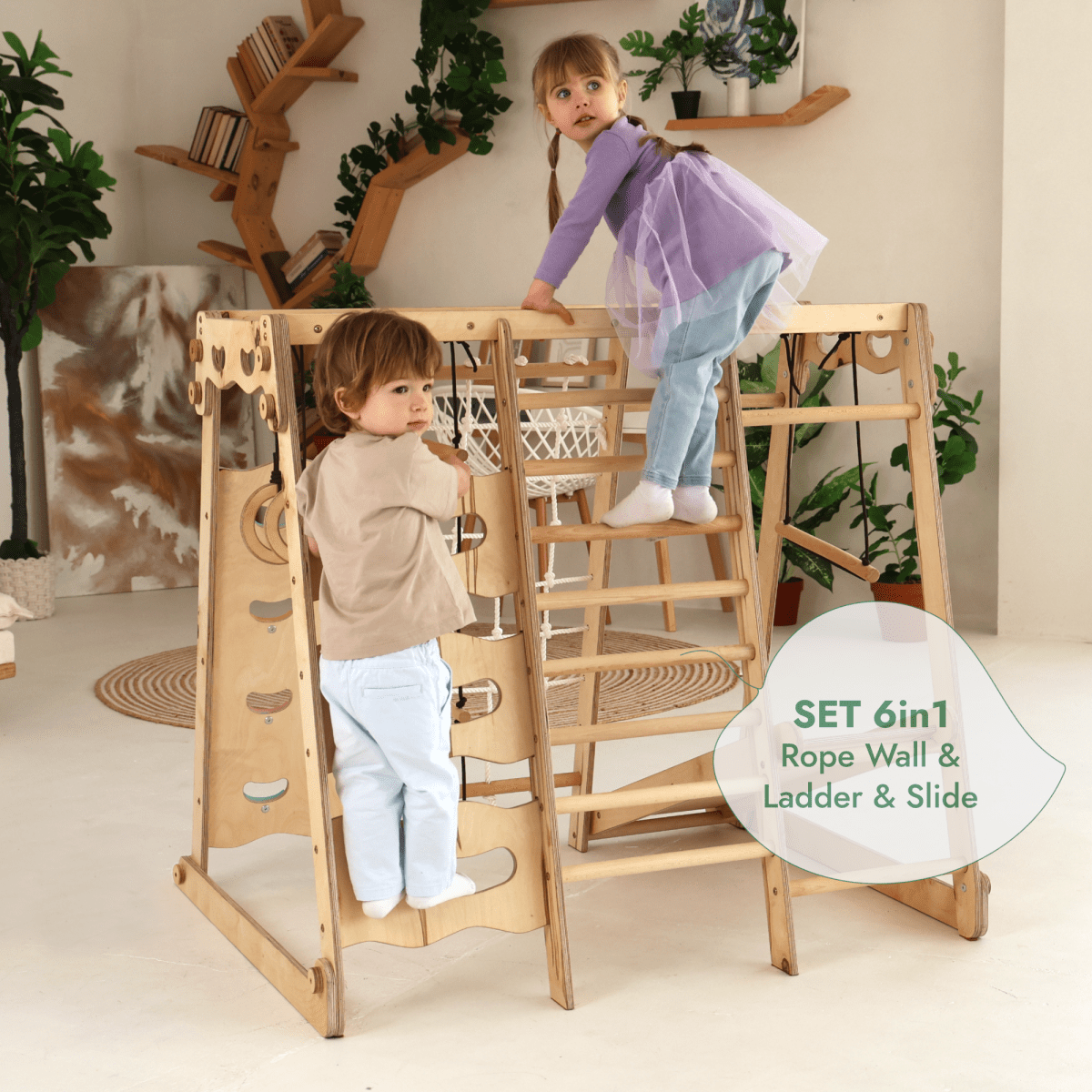 6 in 1 Indoor Jungle Gym for Toddler: Playground + Swings Set + Slide Board + Rope + Stairs