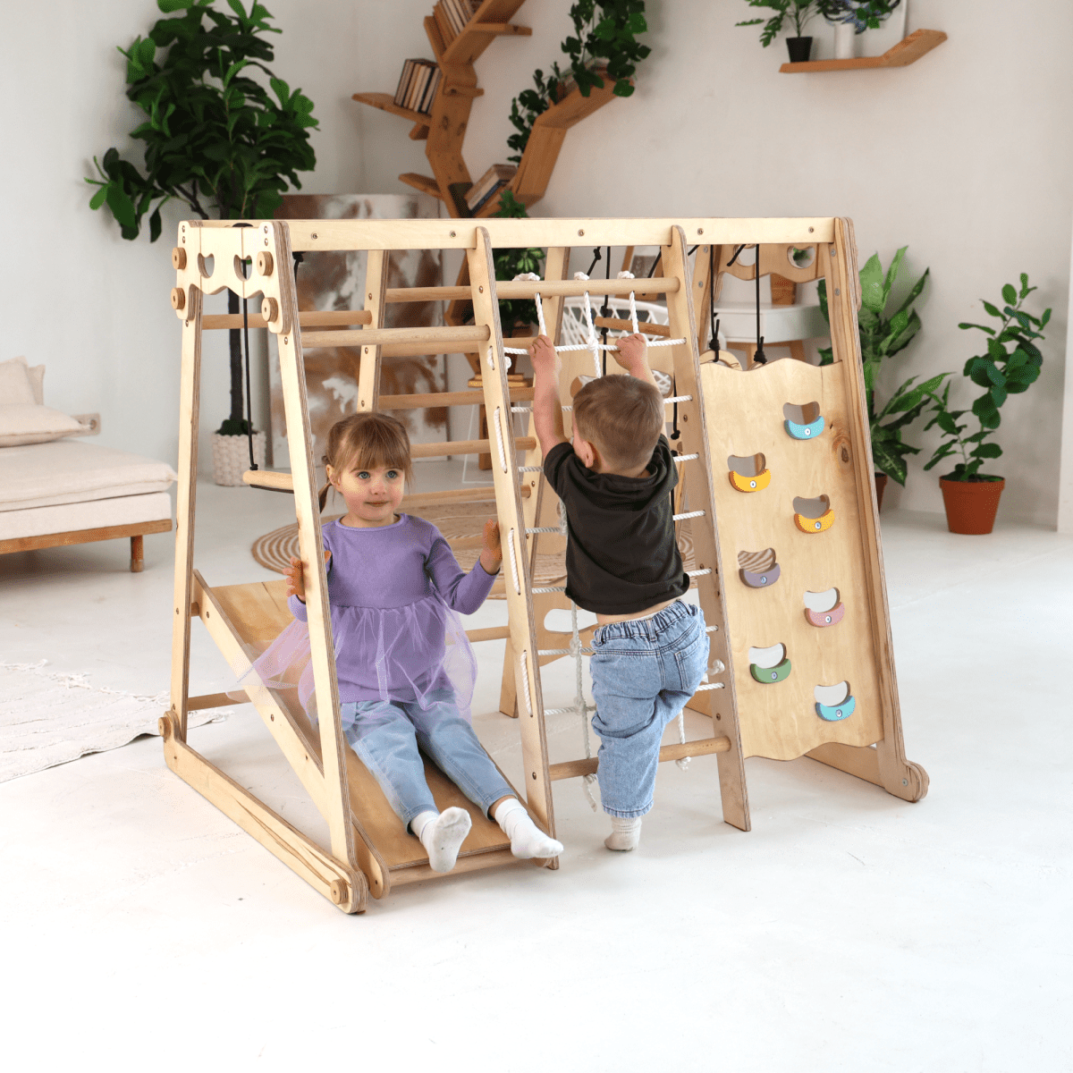 6 in 1 Indoor Jungle Gym for Toddler: Playground + Swings Set + Slide Board + Rope + Stairs