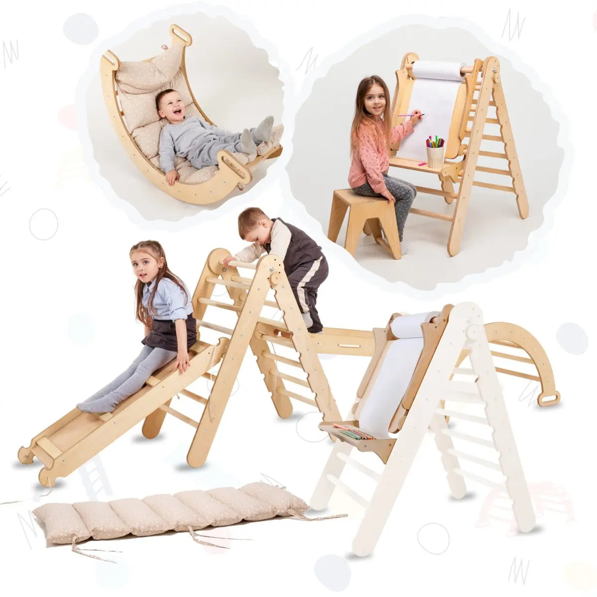 6 in 1 Montessori Climbing Set: Triangle Ladder + Arch/Rocker + Slide/Ramp + Net + Cushion + Art Addition