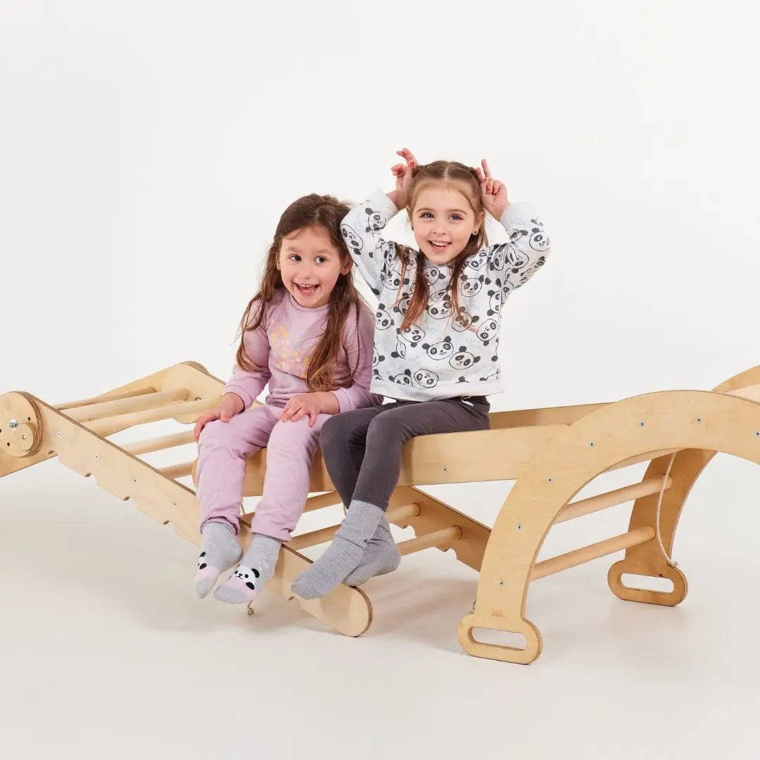 6 in 1 Montessori Climbing Set: Triangle Ladder + Arch/Rocker + Slide/Ramp + Net + Cushion + Art Addition