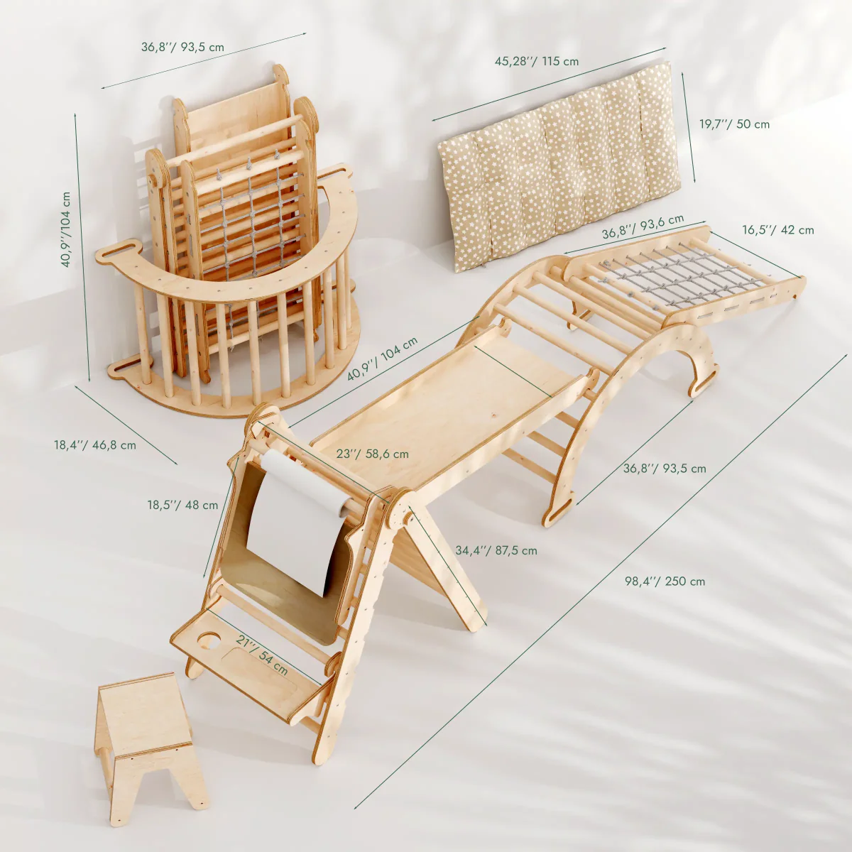 6 in 1 Montessori Climbing Set: Triangle Ladder + Arch/Rocker + Slide/Ramp + Net + Cushion + Art Addition