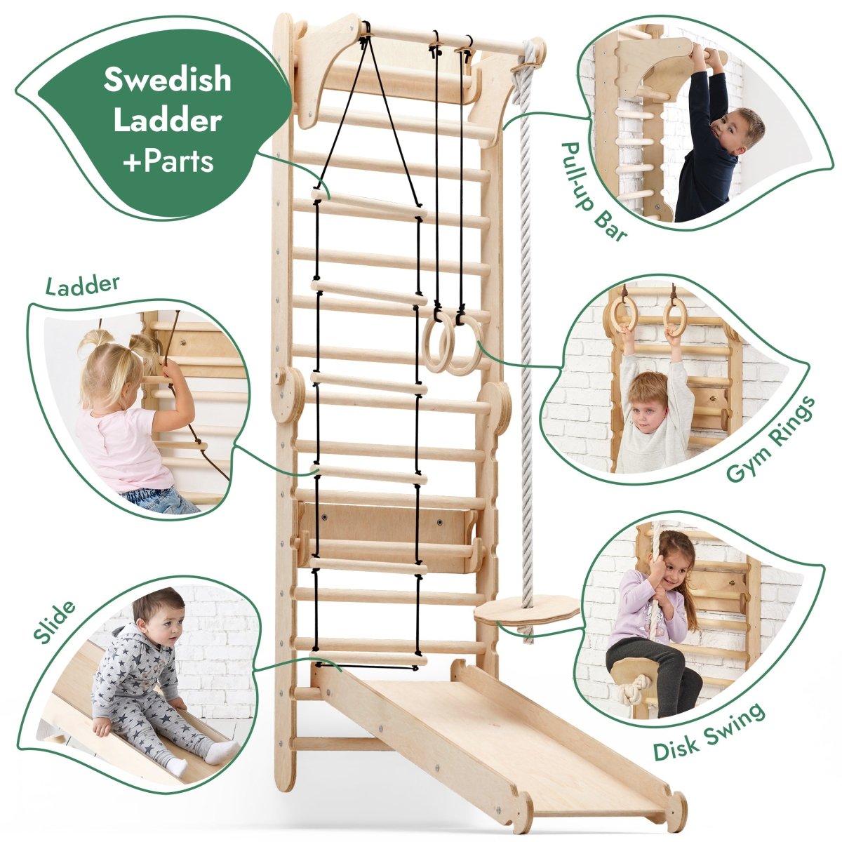 6 in 1 Wooden Swedish Wall / Climbing ladder for Children + Swing Set + Slide Board