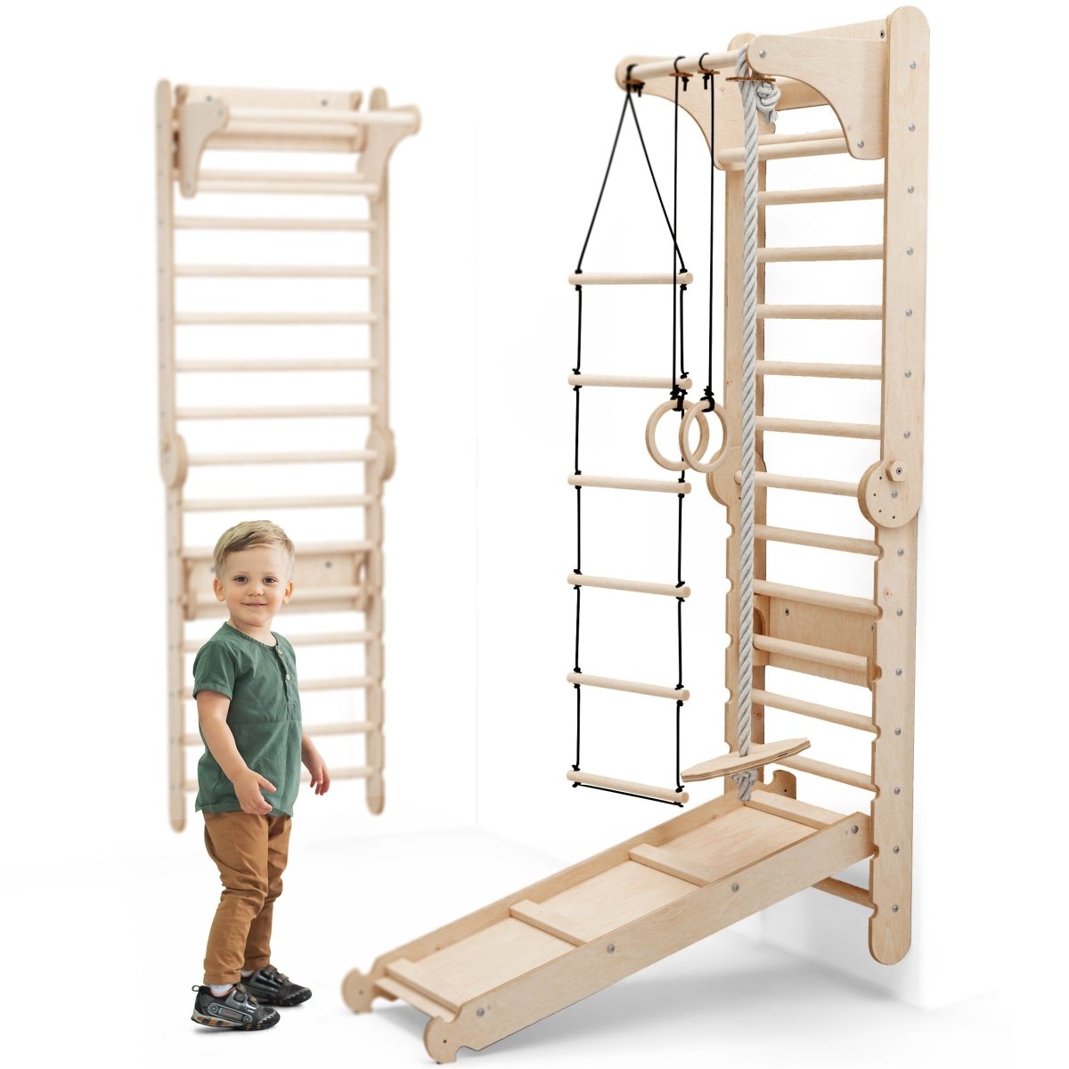 6 in 1 Wooden Swedish Wall / Climbing ladder for Children + Swing Set + Slide Board
