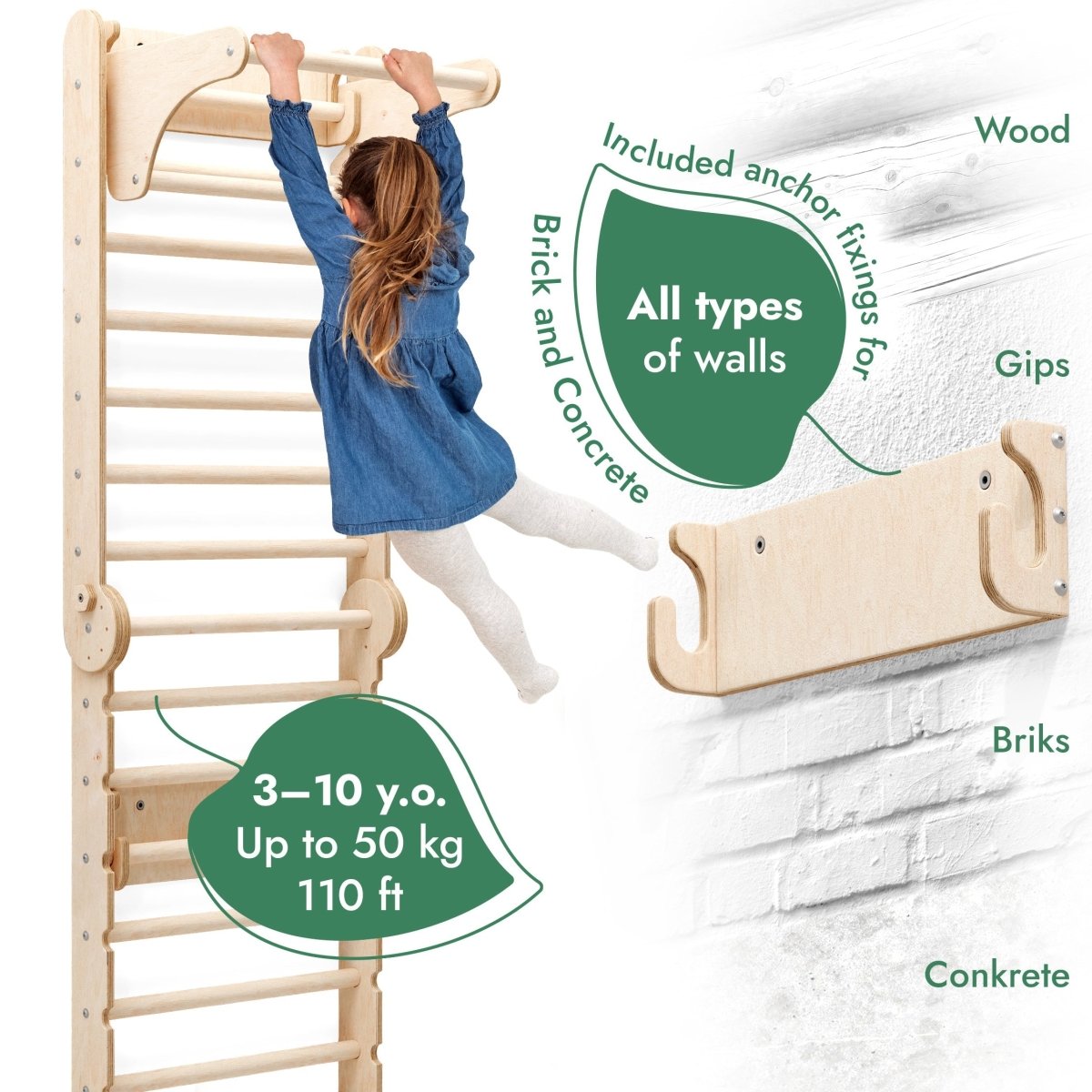 6 in 1 Wooden Swedish Wall / Climbing ladder for Children + Swing Set + Slide Board