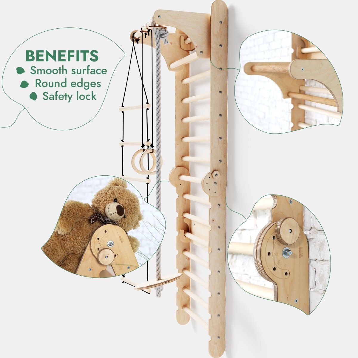 6 in 1 Wooden Swedish Wall / Climbing ladder for Children + Swing Set + Slide Board