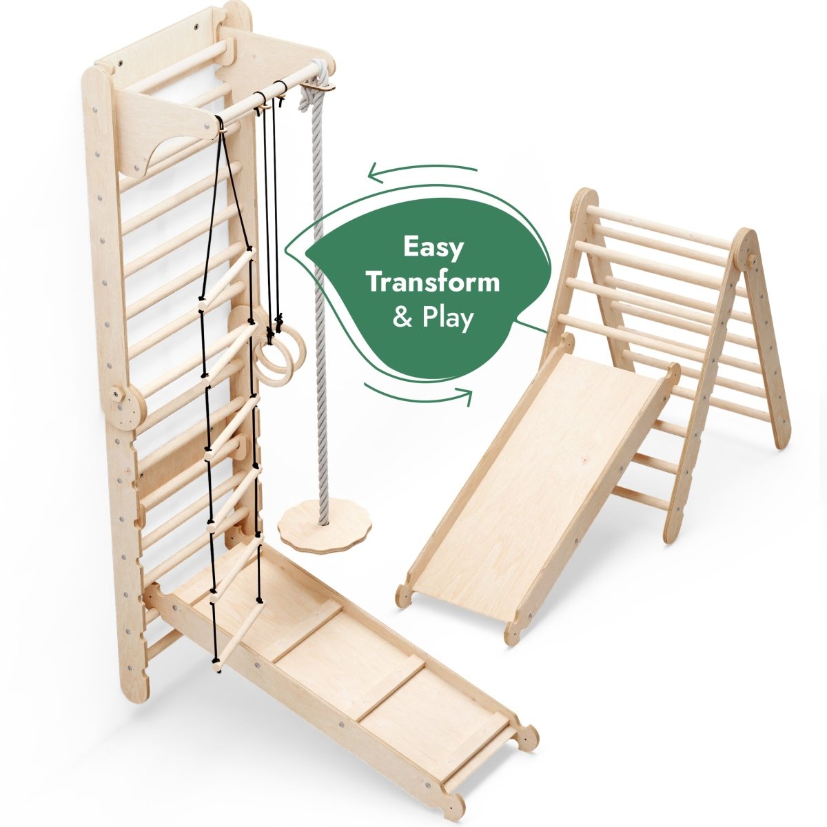 6 in 1 Wooden Swedish Wall / Climbing ladder for Children + Swing Set + Slide Board