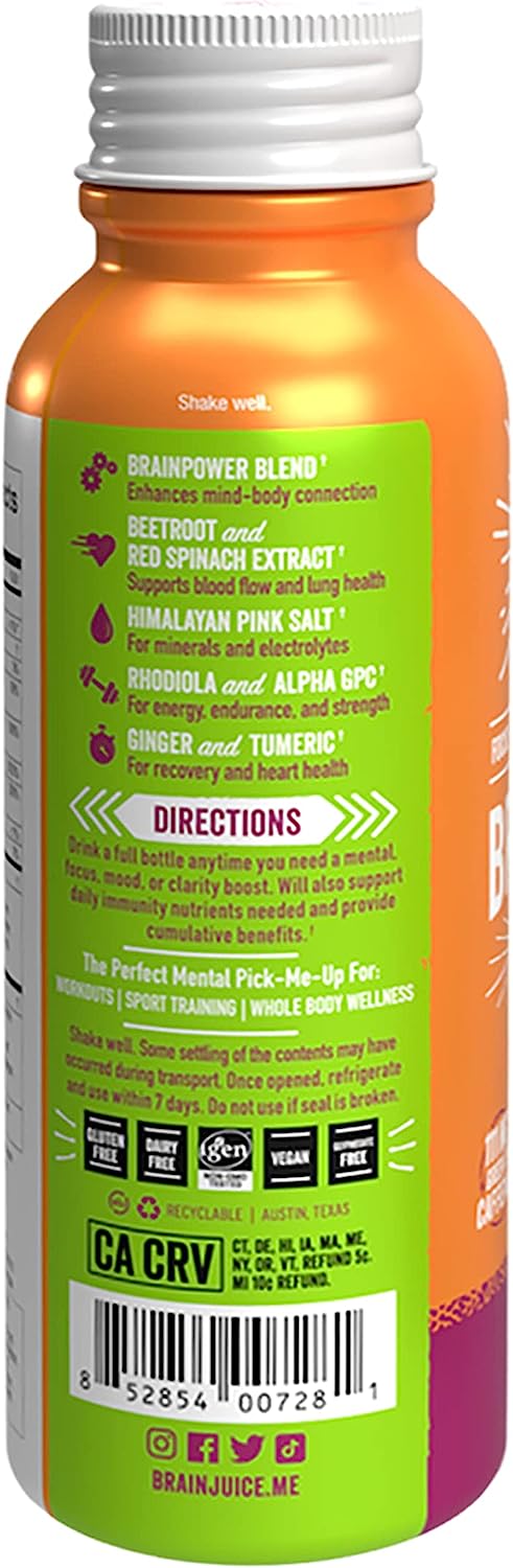 Brain Juice Pre-Entrenamiento - Shots Activos de Granada y Açaí (Paquete de 12 - 2.5 oz)