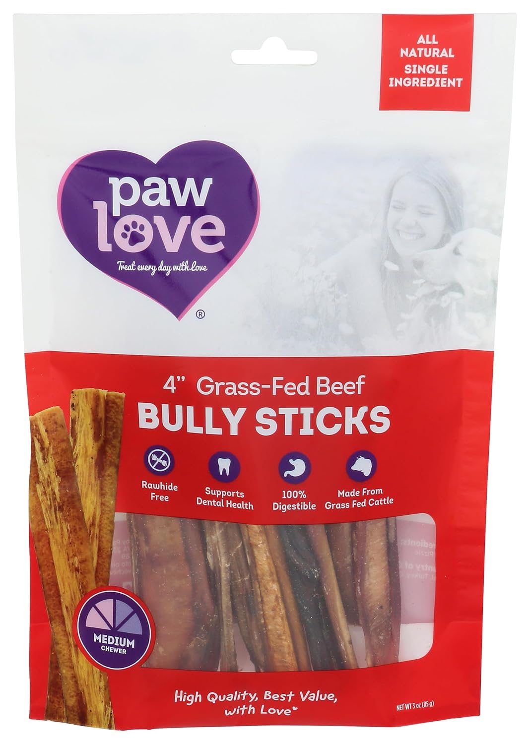 Paw Love - Bully Sticks 4 pulgadas, 3 oz (paquete de 6) - Masticables naturales para perros