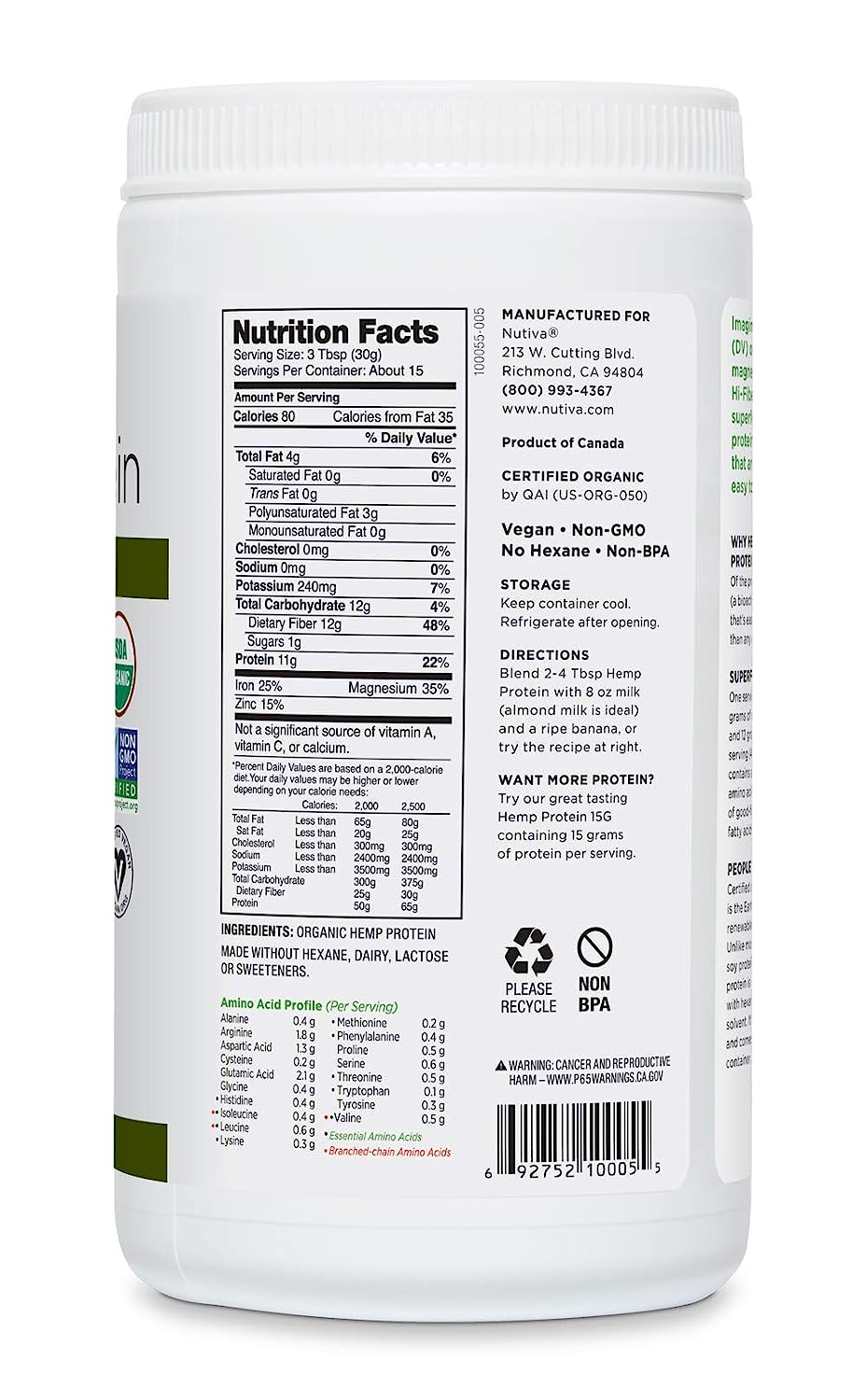 Proteína de cáñamo orgánica Nutiva con alto contenido de fibra, 16 oz.