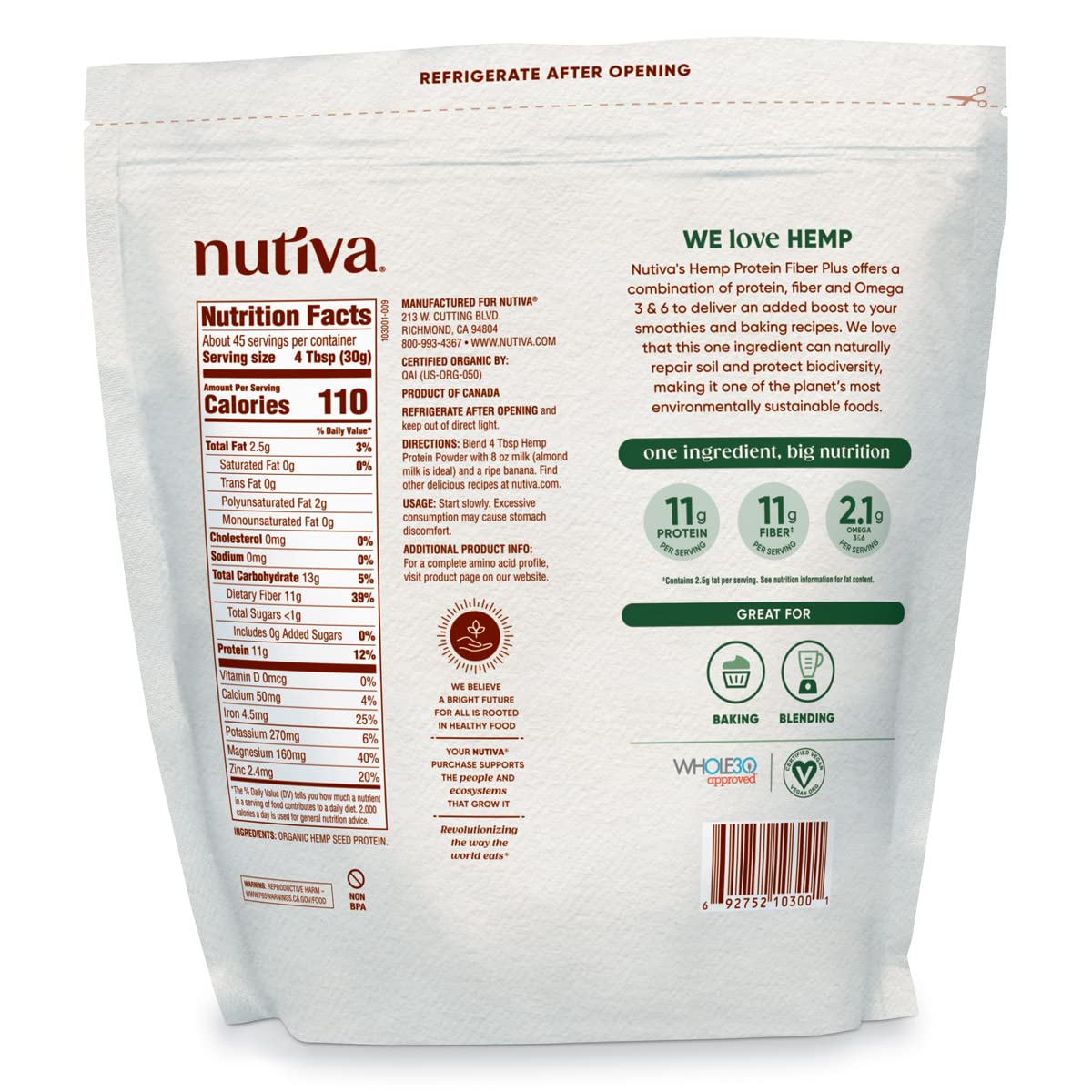 Proteína de cáñamo orgánica Nutiva con alto contenido de fibra, 3 libras