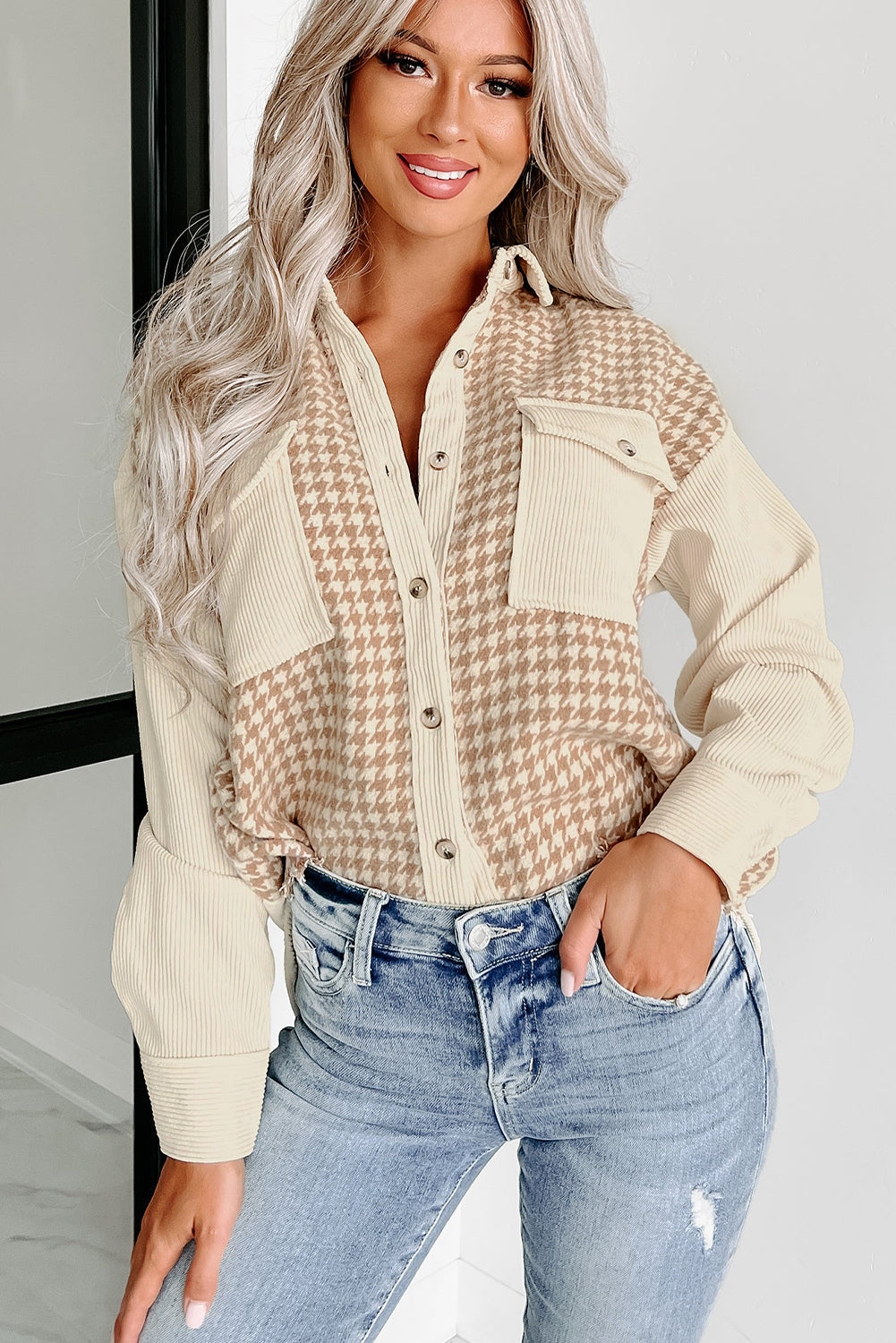 Long-Sleeve Corduroy Button-Down Shirt with Houndstooth