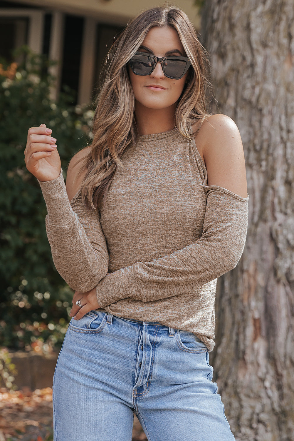 Open Shoulder Distressed Long Sleeve Top