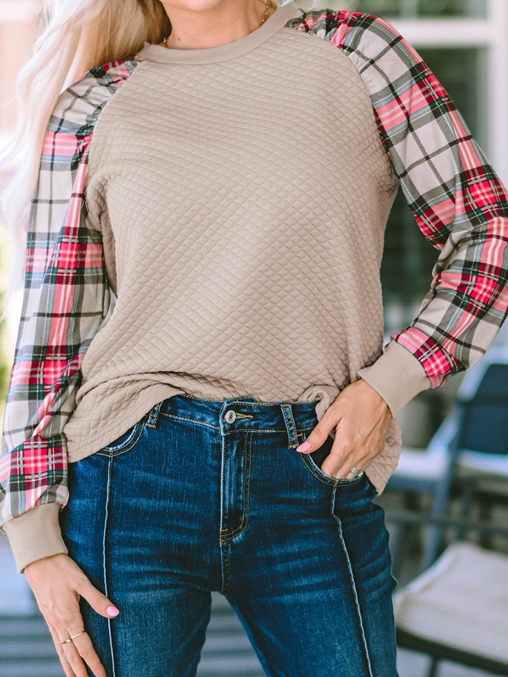 Textured Knit Top with Plaid Sleeves
