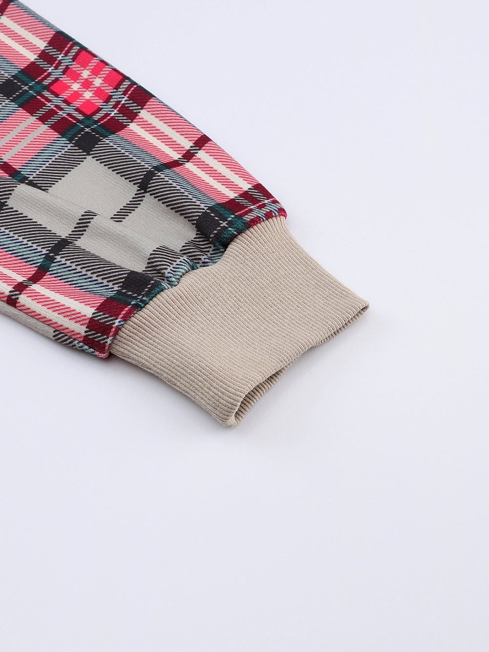 Textured Knit Top with Plaid Sleeves