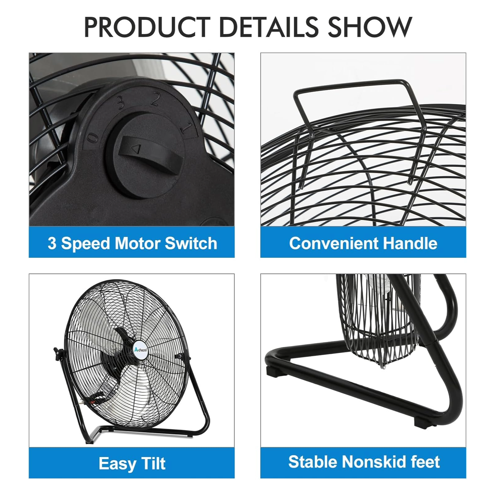 ACHAZEL 20" High Velocity Floor Fan, 3 Speed 5200 CFM Heavy Duty Metal Industrial Floor Fan with Wall-Mounting System, Ideal for Garage, Workshop, Greenhouse and Basement