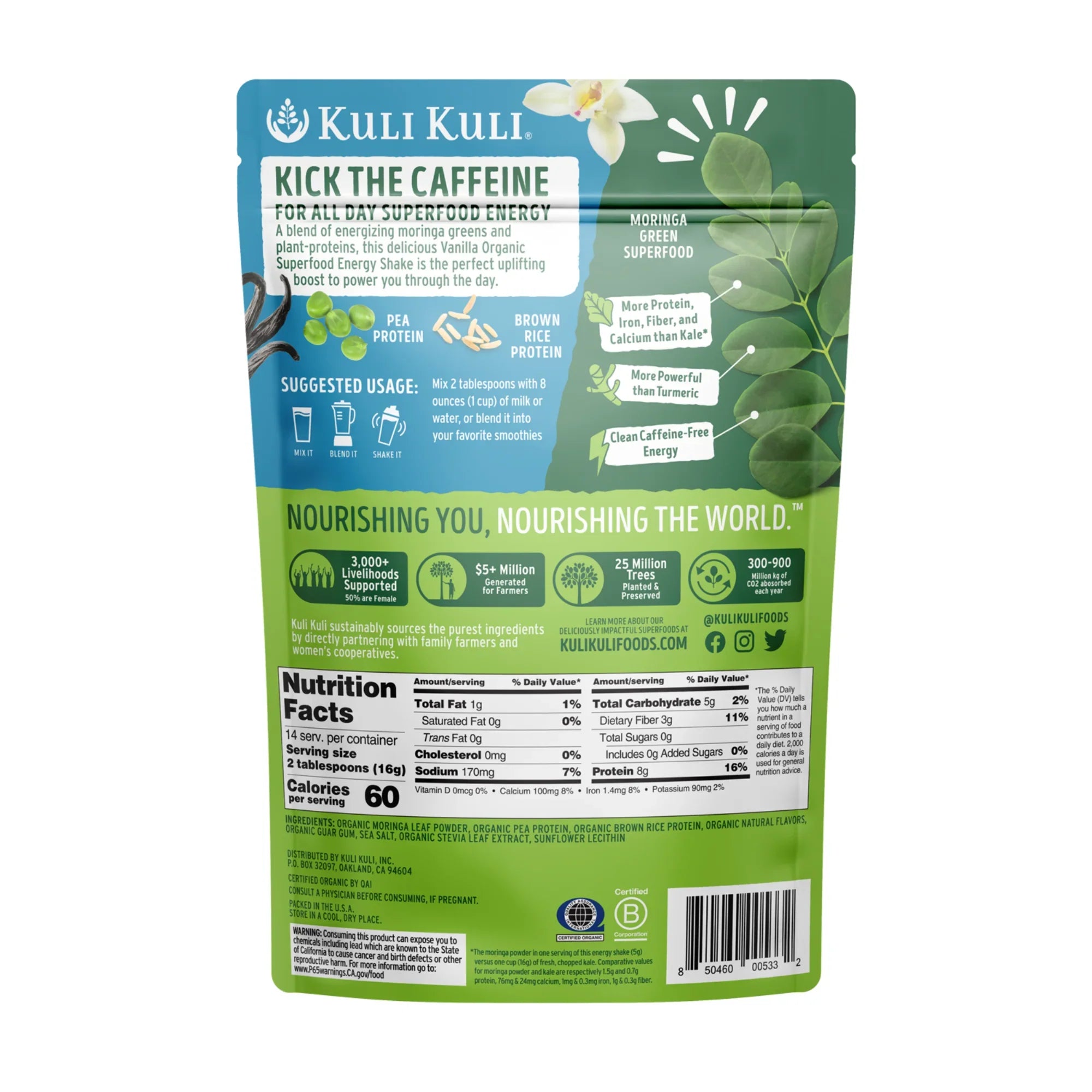 Kuli Kuli Moringa Verdes y Proteína en Polvo - 7.6 Oz, Sabor Vainilla