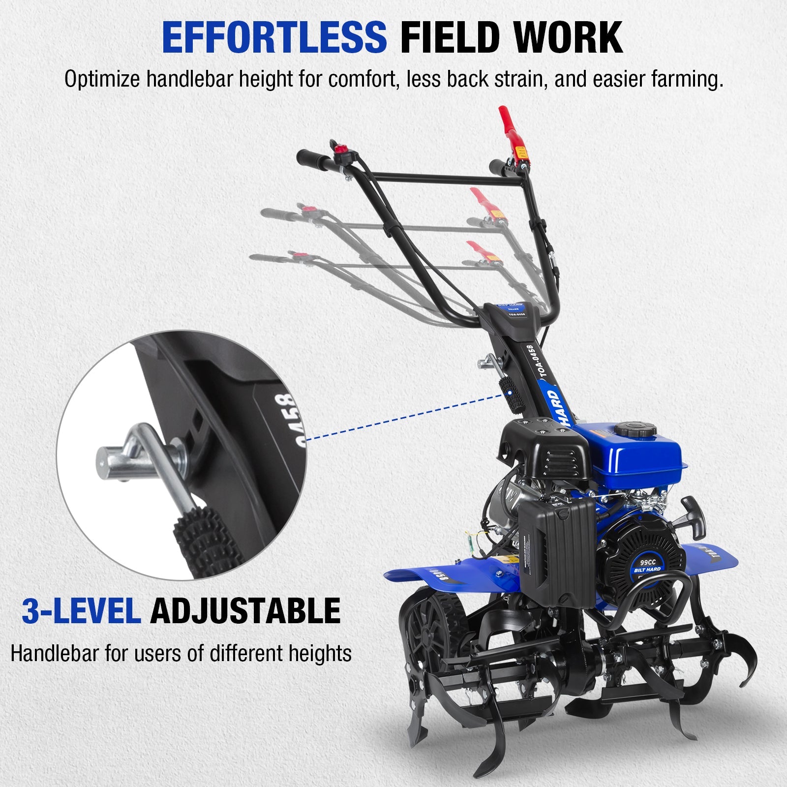 BILT HARD 17" Gas Tiller Cultivator, 99cc Engine, 11.8" Depth, Adjustable Handle & Wheels – Ideal for Weeding, Soil Prep & Garden Cultivation