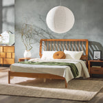 Cama de madera maciza con estructura de husillo de estilo moderno de mediados de siglo