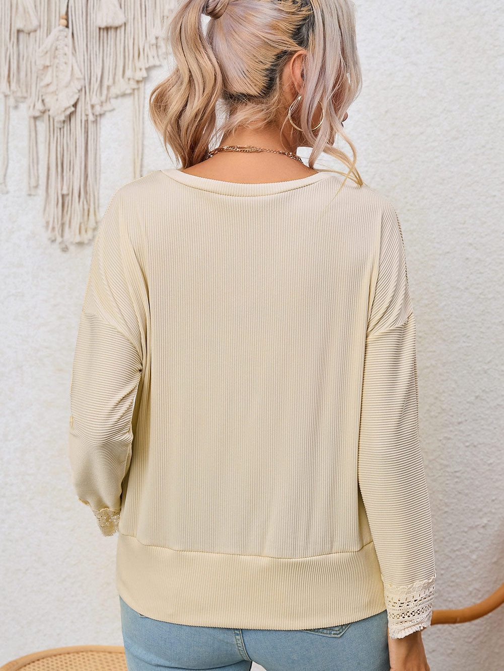Relaxed Fit Ribbed Knit Blouse with Lace Trim