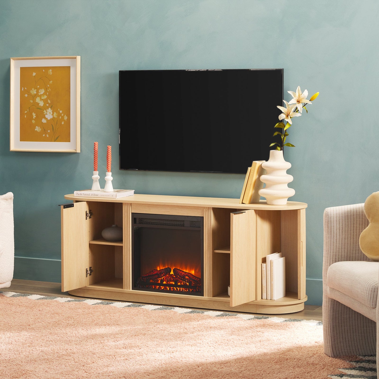 Mueble de TV con chimenea de caña escandinava moderna Chloe en 2 tamaños