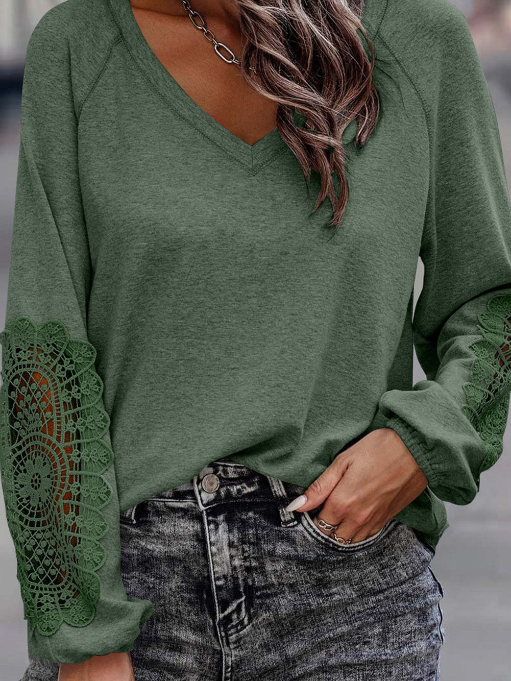 Everyday V-Neck T-Shirt with Crochet Sleeves