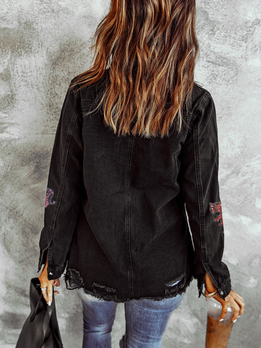 Loose Fit Black Denim Jacket with Tiger Print