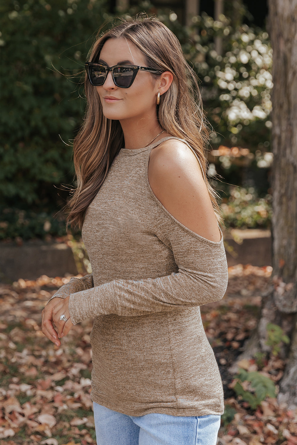 Open Shoulder Distressed Long Sleeve Top