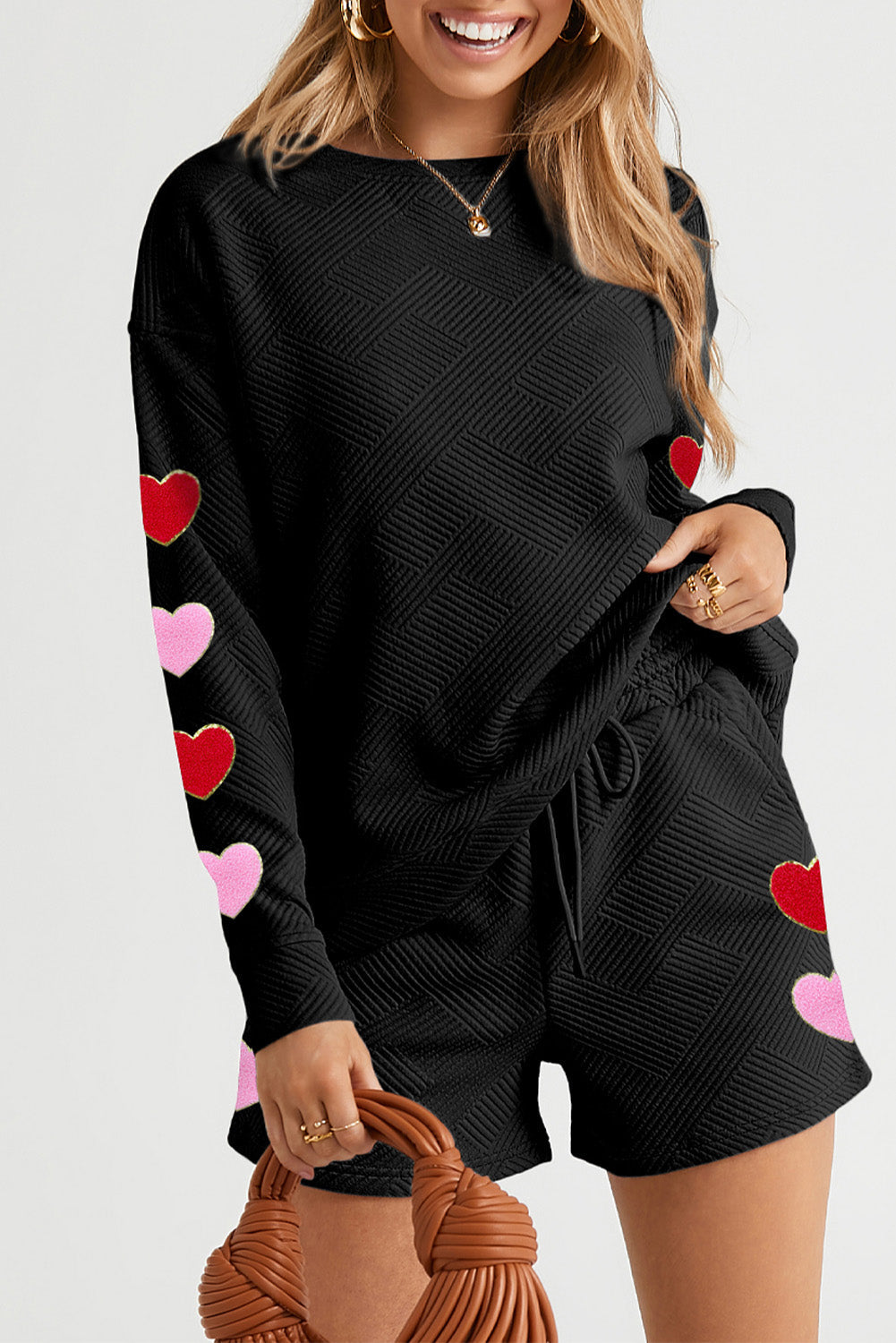 Ultra Soft Waffle Knit Lounge Set with Heart Details