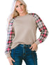 Textured Knit Top with Plaid Sleeves