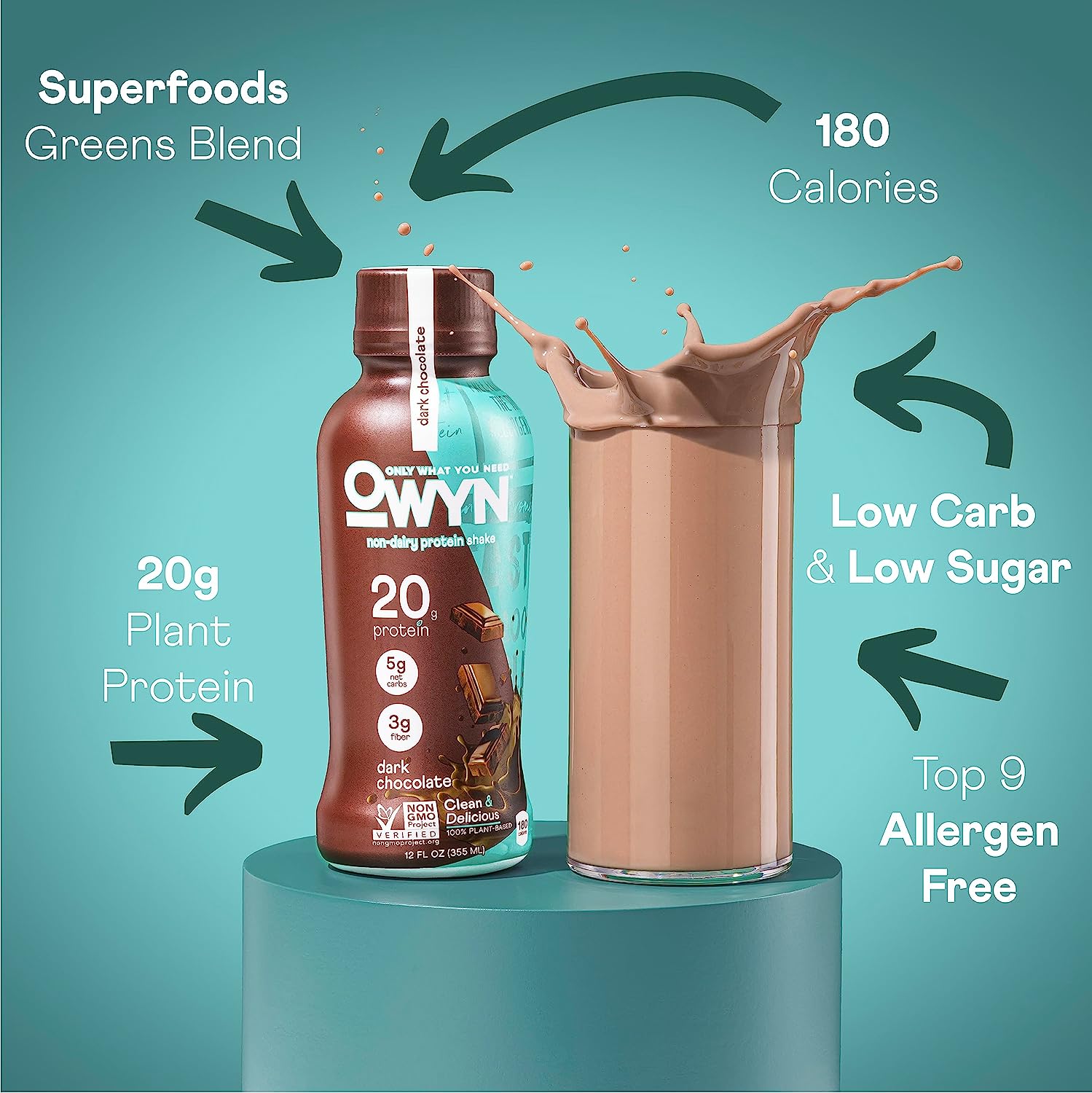 OWYN - Batido de proteína vegetal - Chocolate negro - 355 ml (paquete de 12)