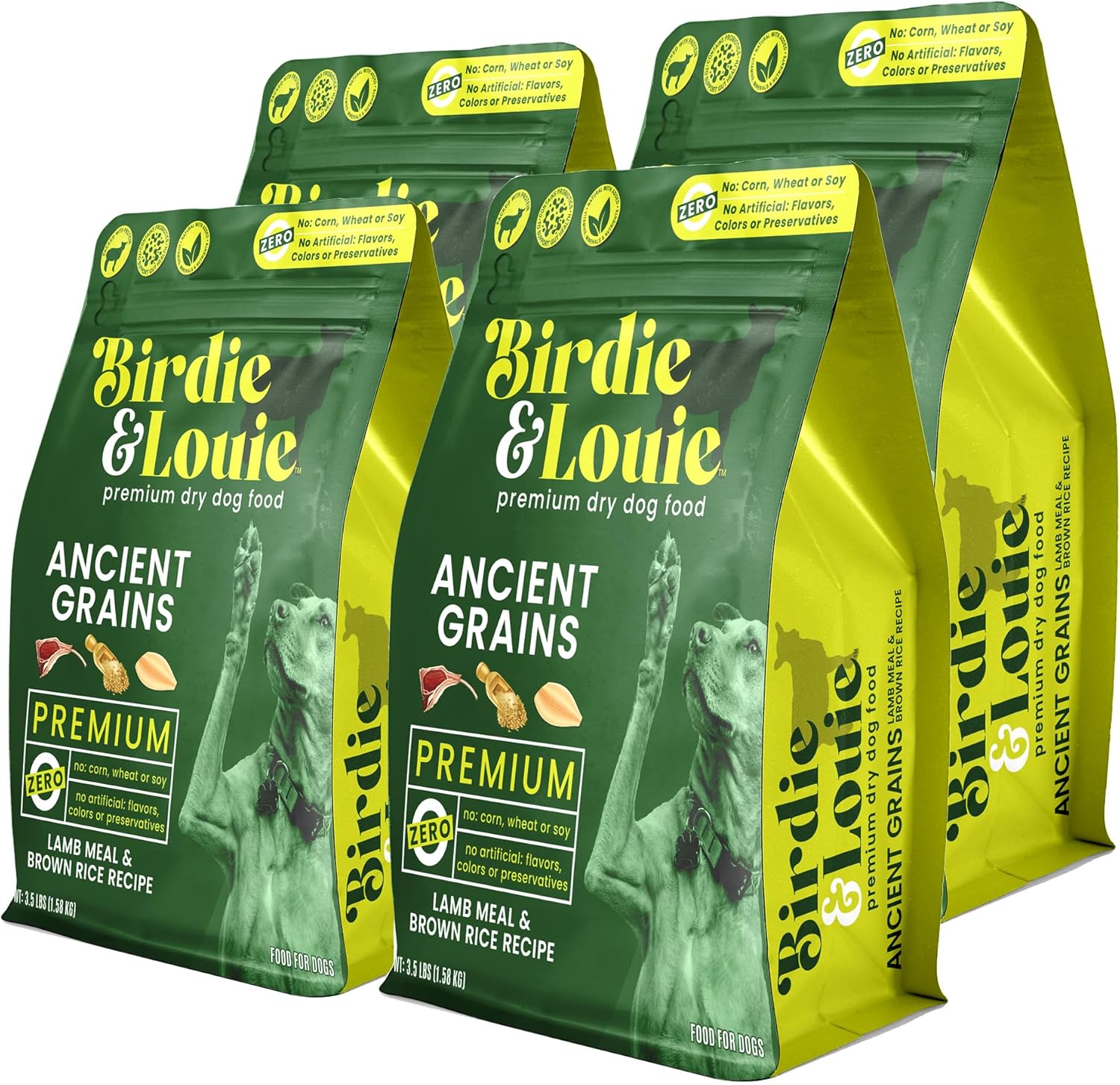 Birdie &amp; Louie - Alimento para perros con harina de cordero y arroz integral, 3.5 lb (paquete de 4) - Fórmula sin trigo