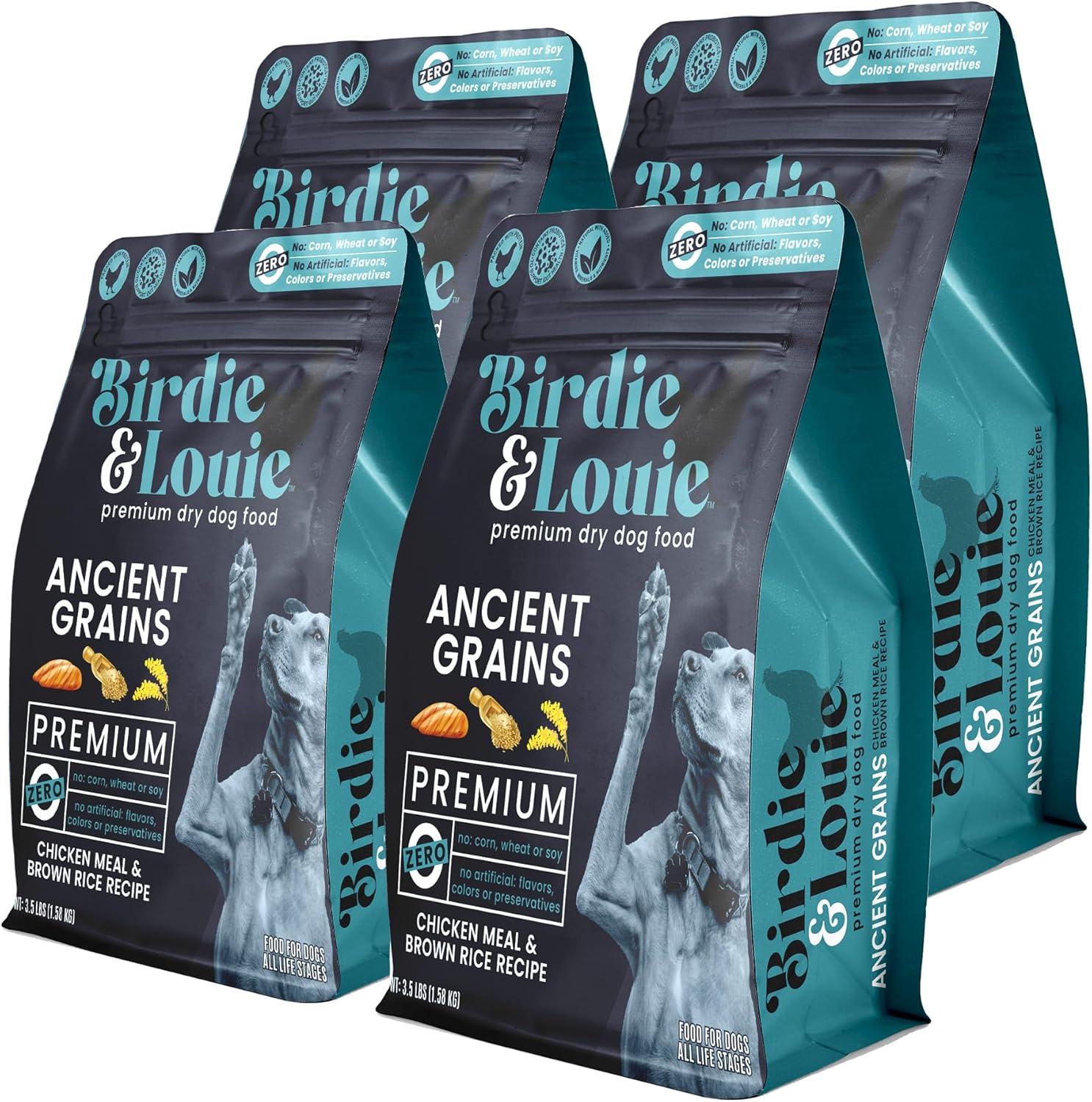 Birdie &amp; Louie - Alimento para perros con pollo y arroz integral, 3.5 lb (paquete de 4) - Fórmula sin trigo