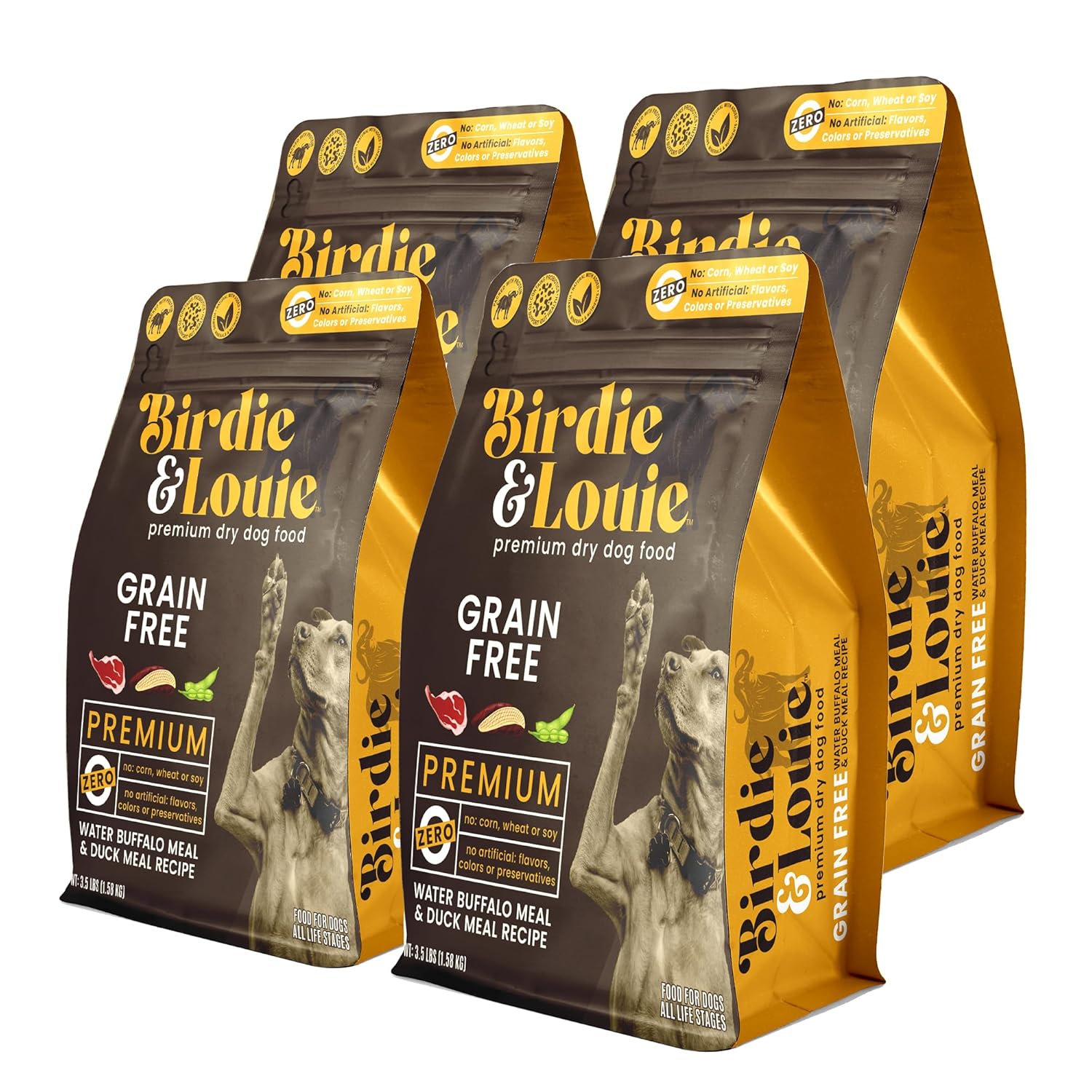 Birdie &amp; Louie - Alimento para perros con sabor a pato búfalo, 3.5 lb (paquete de 4) - Fórmula sin trigo
