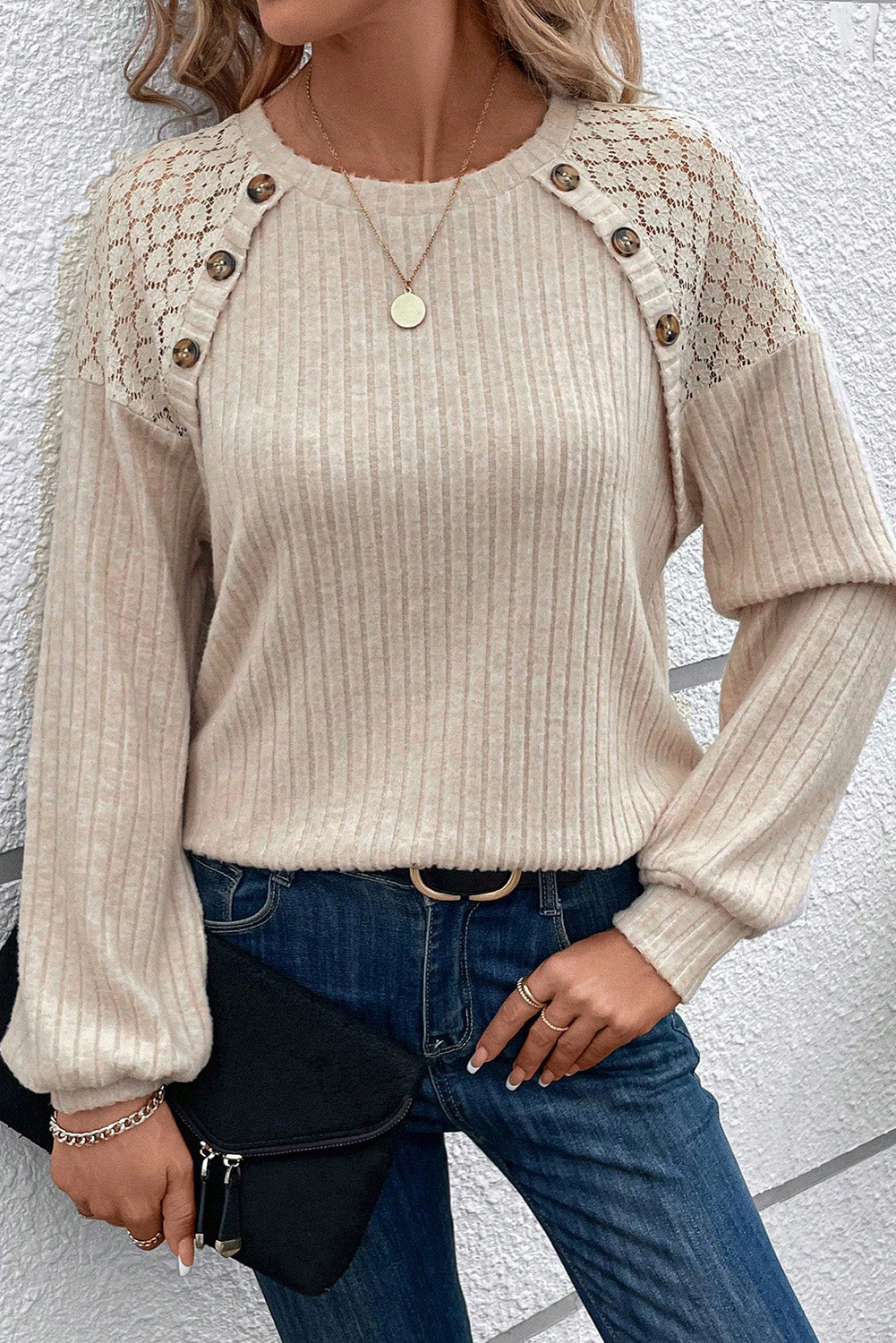 Long Sleeve Color Block Sweater with Lace Sleeves