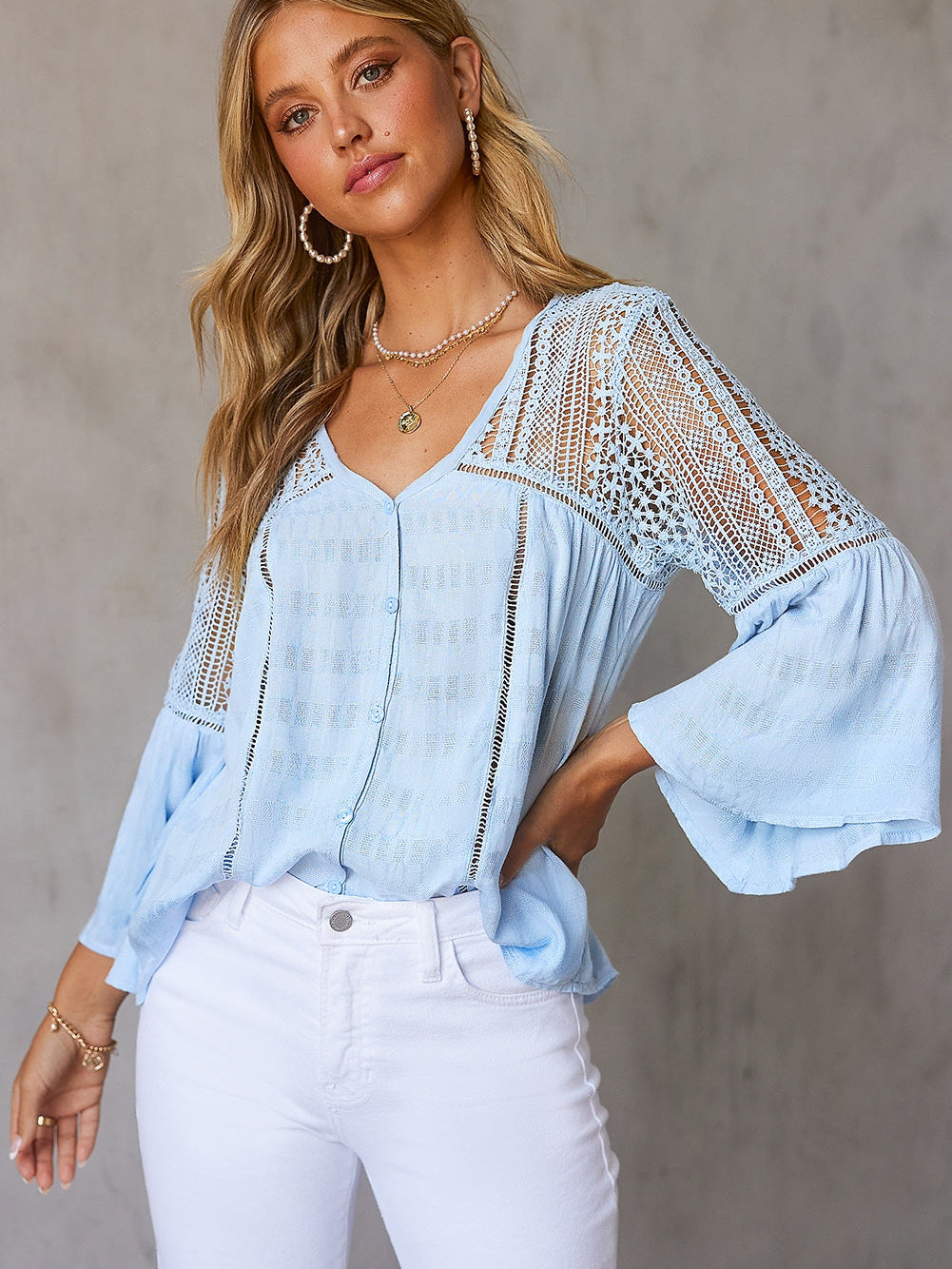 Crochet Insert Button-Down Blouse