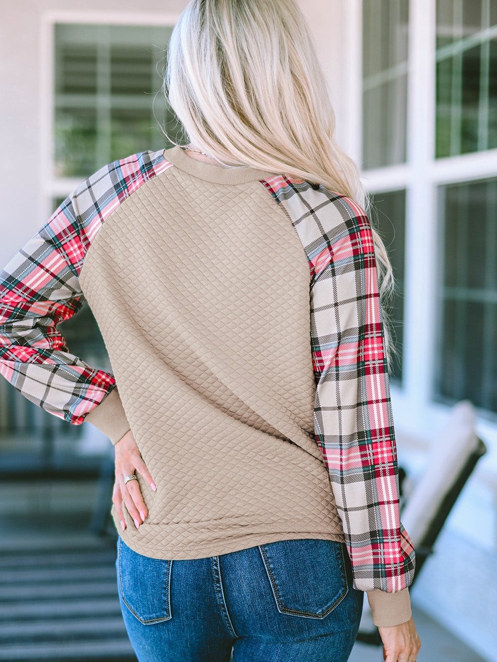 Textured Knit Top with Plaid Sleeves