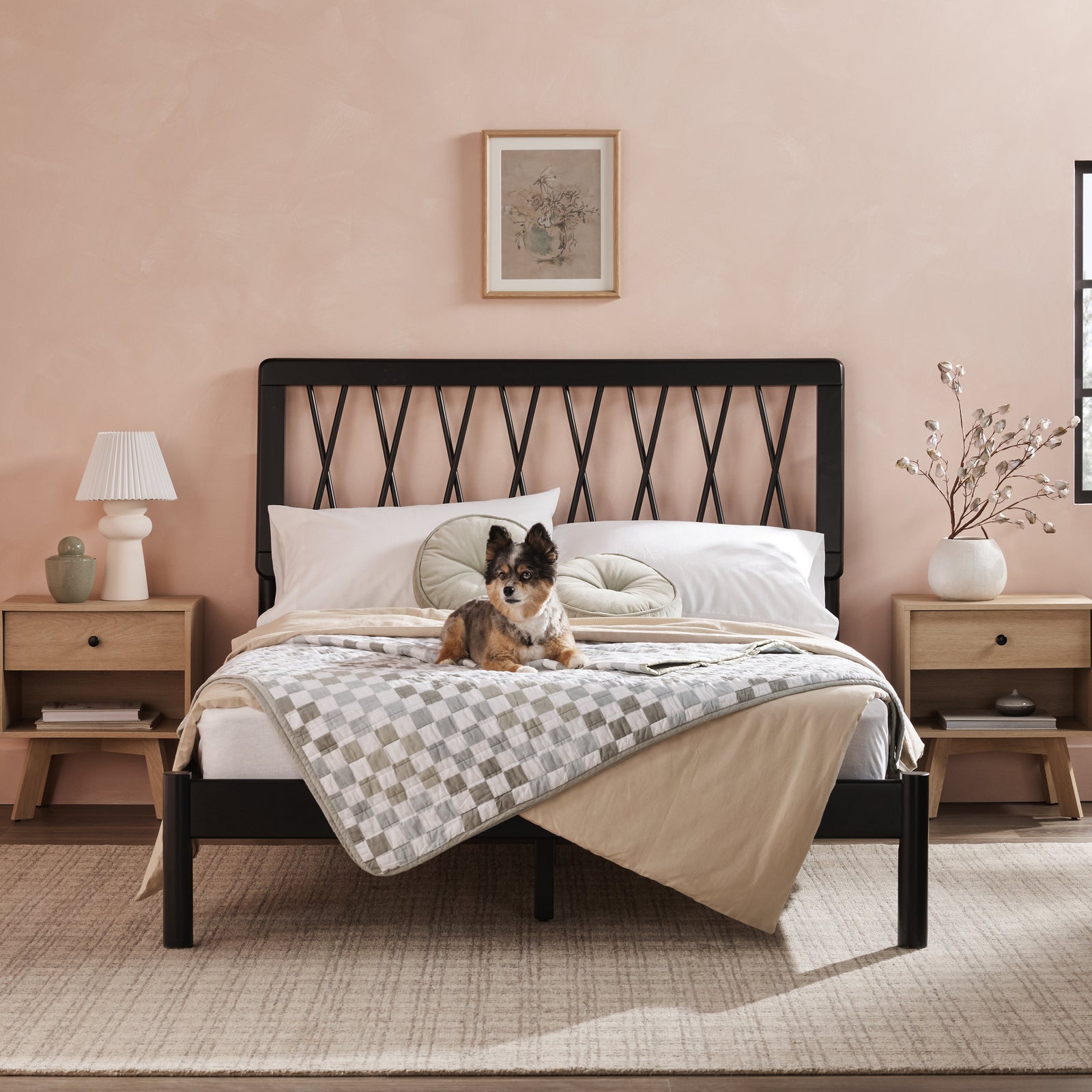 Cama de madera maciza moderna de mediados de siglo Cama X Spindle