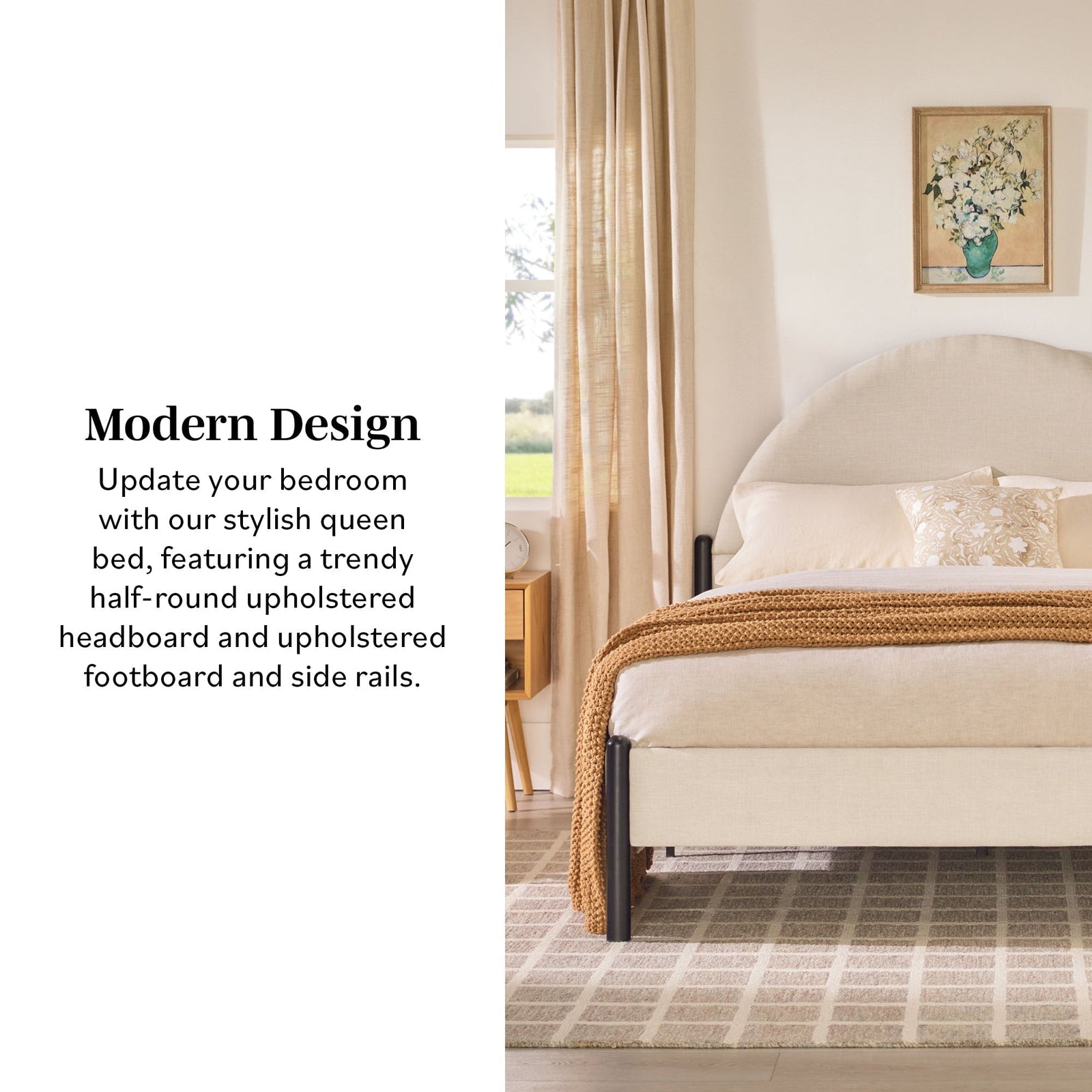 Cama Queen de metal y tapizada con cabecero arqueado Gastonia