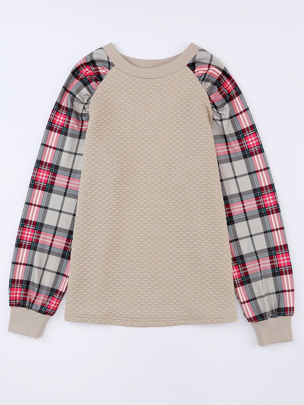 Textured Knit Top with Plaid Sleeves
