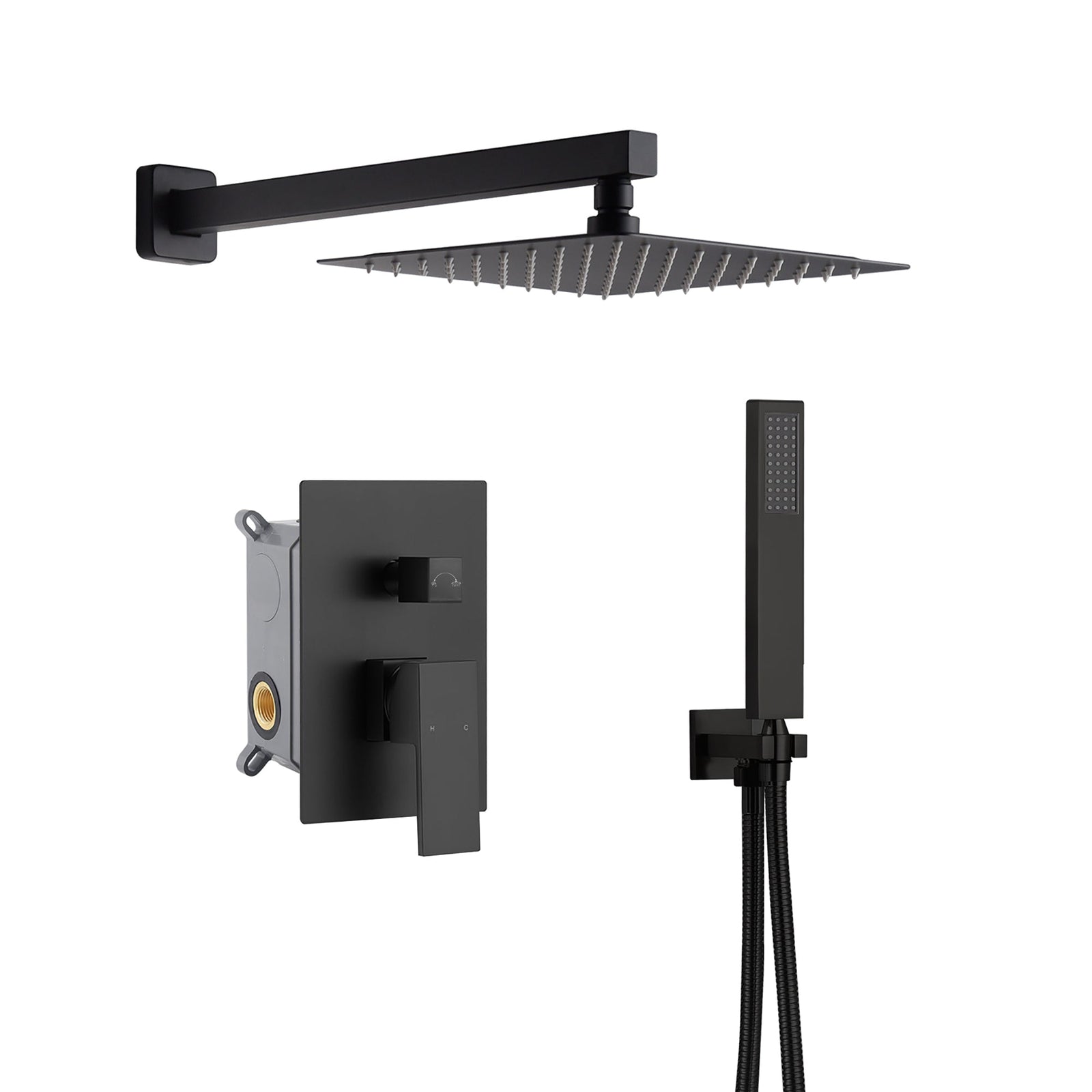 Grifo de ducha de lluvia de pared negro mate de doble función con válvula de compensación de presión