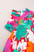 Green Floral Tie Split Neck Ruffle Trim Blouse