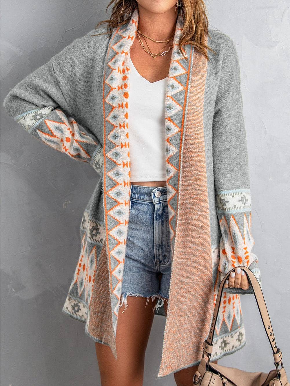 Open Front Long Cardigan with Tribal Print