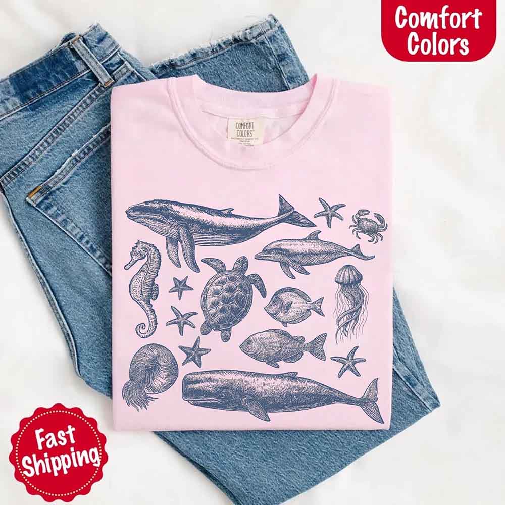90s Sea Animals Comfort Colors T-Shirt – Vintage Ocean Life Tee, Retro Fish Summer Shirt