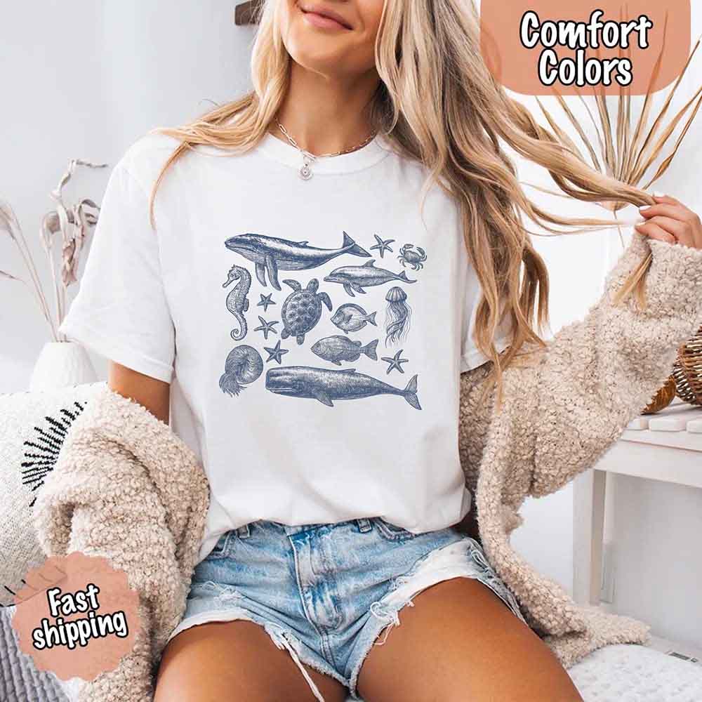 90s Sea Animals Comfort Colors T-Shirt – Vintage Ocean Life Tee, Retro Fish Summer Shirt