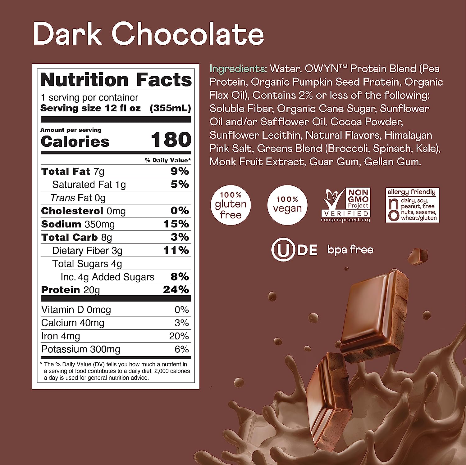 OWYN - Batido de proteína vegetal - Chocolate negro - 355 ml (paquete de 12)