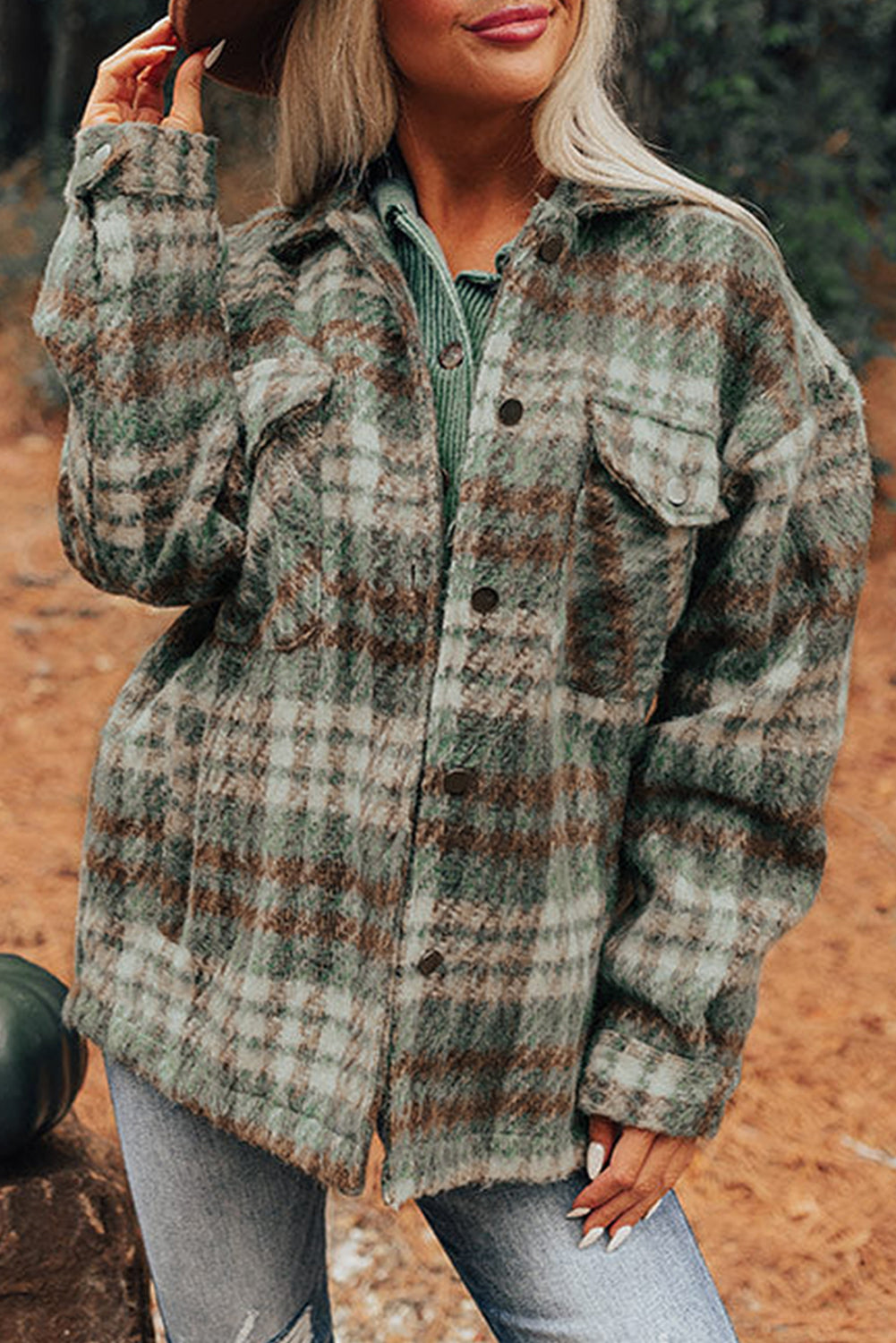 Plus Size Green Plaid Shacket Jacket
