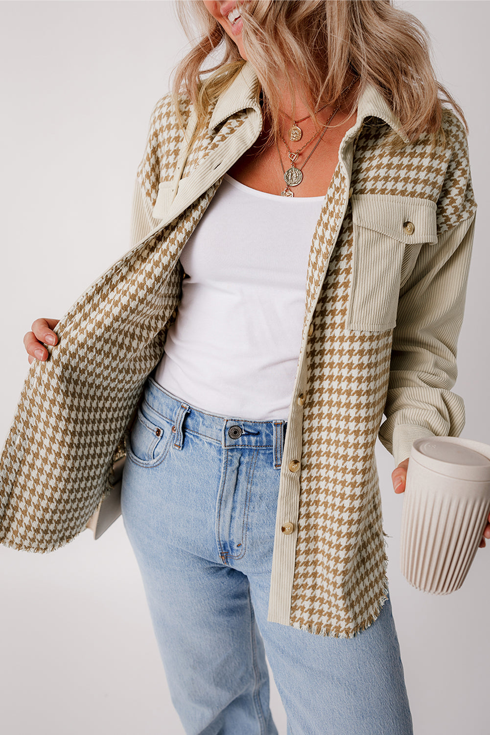Long-Sleeve Corduroy Button-Down Shirt with Houndstooth