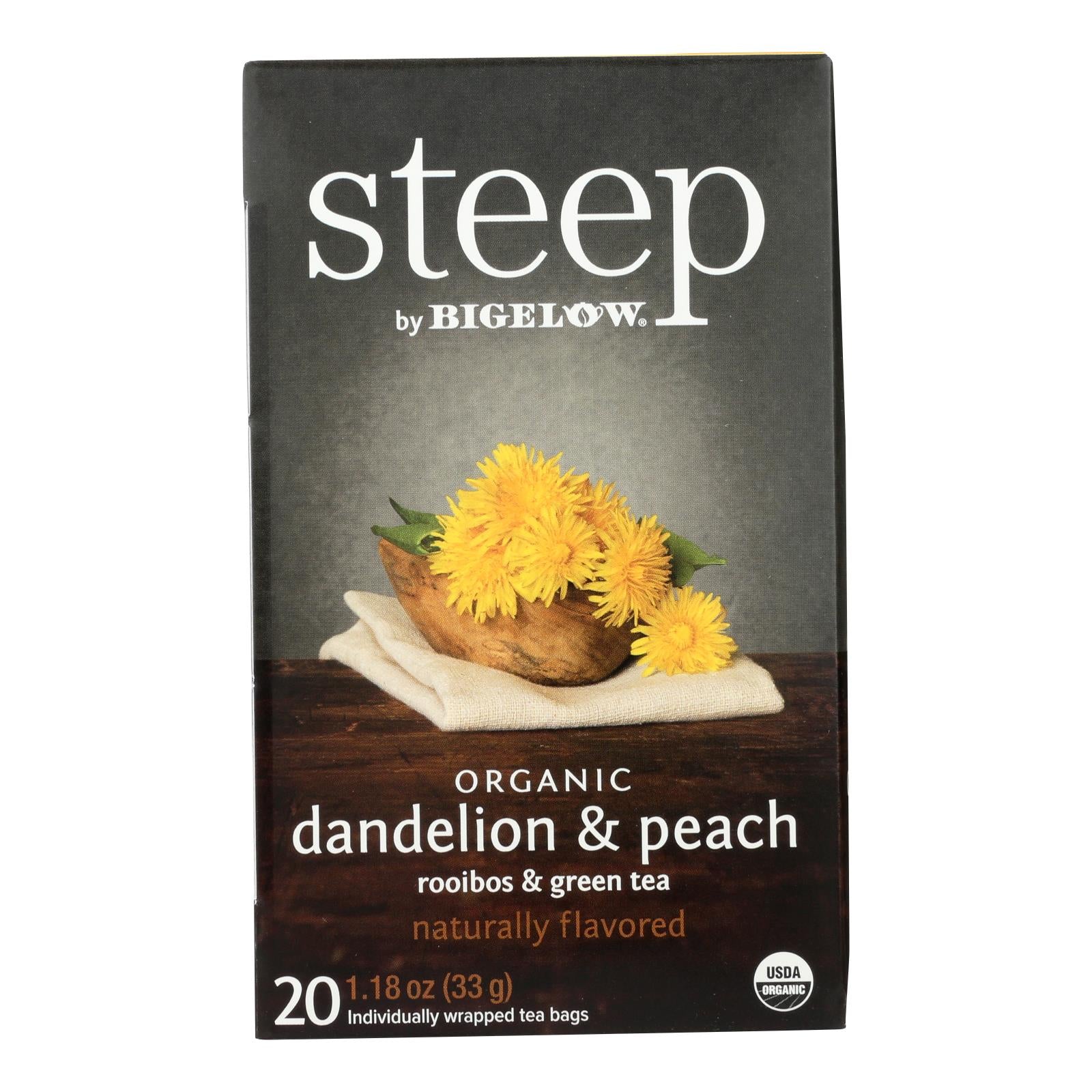 Té verde orgánico de diente de león, melocotón y rooibos de Steep By Bigelow, 20 bolsitas (paquete de 6) 